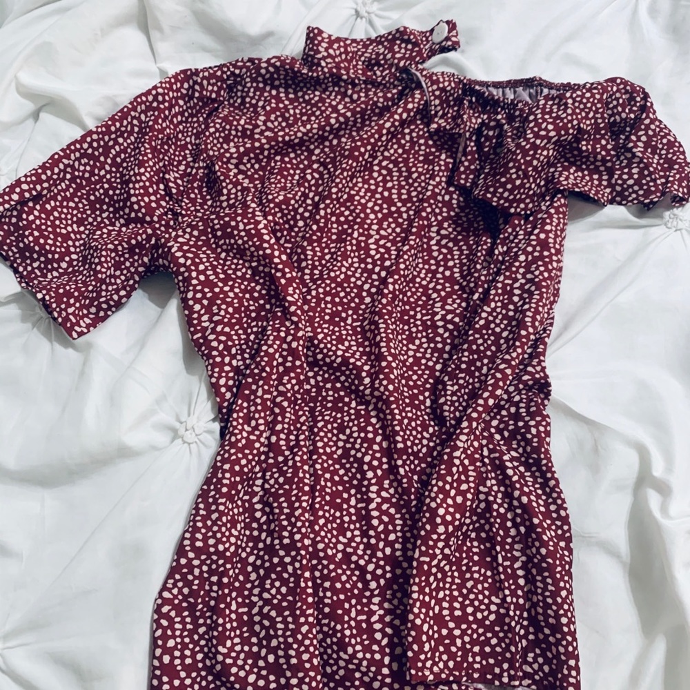 new burgundy white dotted off the shoulder blouse